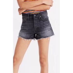 Madewell Black Wash Raw Hem Button Fly High Rise Relaxed Denim Shorts Size 31‎